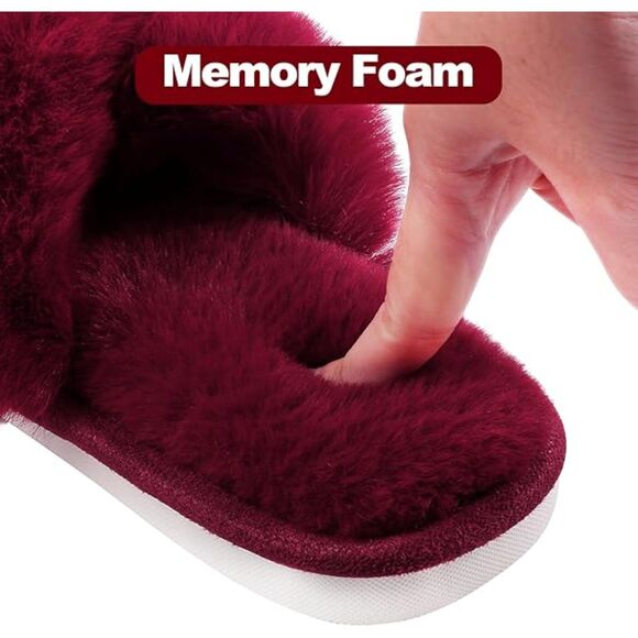 Women's Fuzzy Slippers Cross Band Red Memory Foam House Slippers Open Toe - Picture 4 of 4